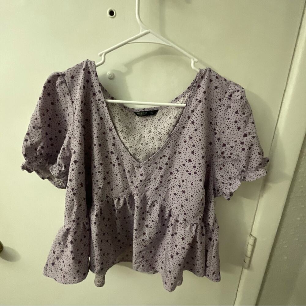 SHEIN Curve Purple Pattern Ruffle Crop Top Size 1X Plus Size Coquette Girl Boho